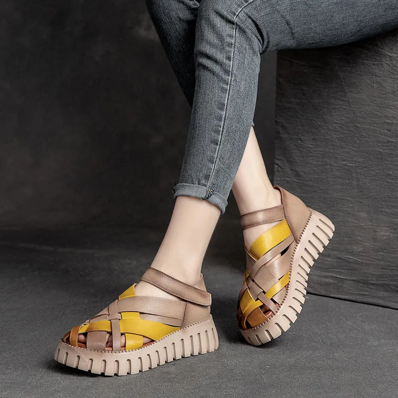 Women's Genuine Leather Retro Woven Thick Bottom Sandals Shoes